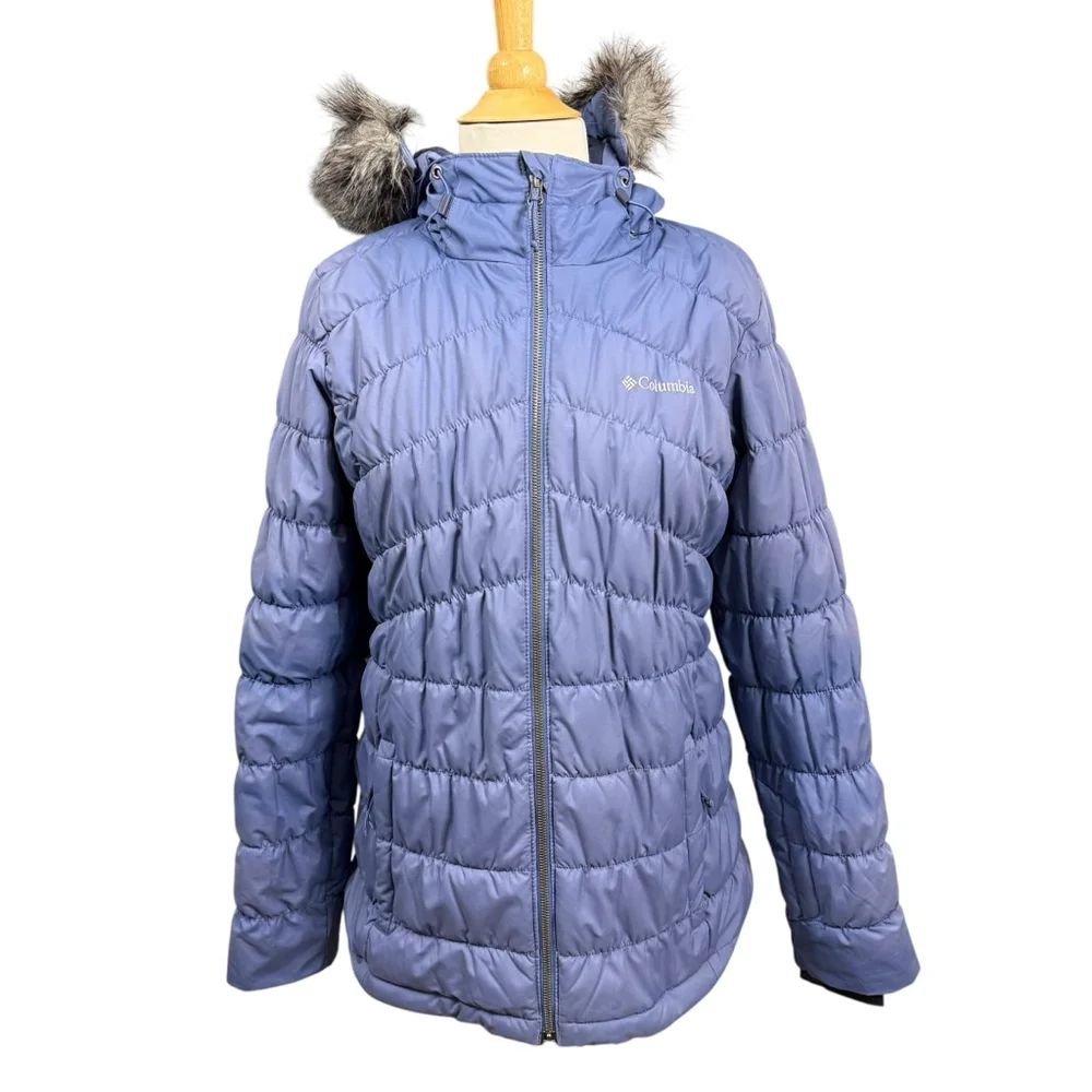 Columbia Women’s Blue Puffer Jacket Faux Fur Hooded Winter Coat Size Medium
